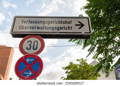 Muenster, Germany, July 9, 2022 Street Sign Shows The Way To The Constitutional Court What Is Written In German On The Plate In The City Center