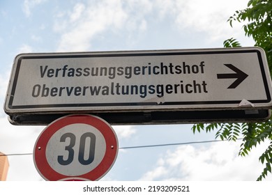 Muenster, Germany, July 9, 2022 Street Sign Shows The Way To The Constitutional Court What Is Written In German On The Plate In The City Center