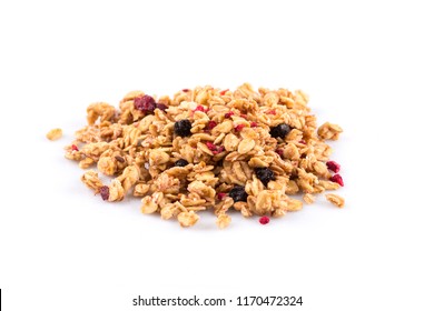 Muesli Cereals Close Up With  Raisins, Oat And Wheat Flakes, Fruits, Strawberry, Cranberry, Cherry Pieces. Isolated On White