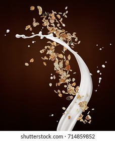 Muesli With Milk Splash Against Brown Background