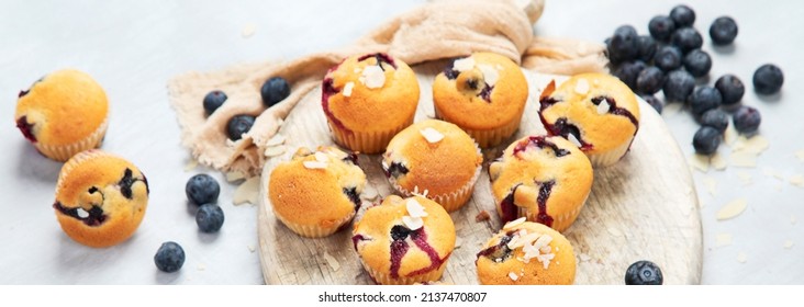 Muffin with blueberries on a wooden plate. Fresh berries and sweet pastries on white background, top view, panorama.