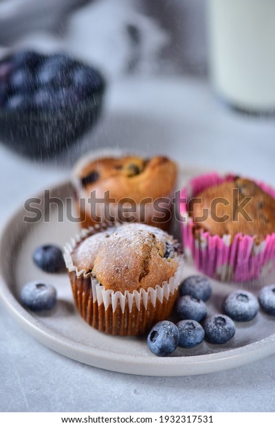Muffins, next to blueberries, sprinkled with\
powdered sugar, on a gray plate, in the background a bowl with\
blueberries.