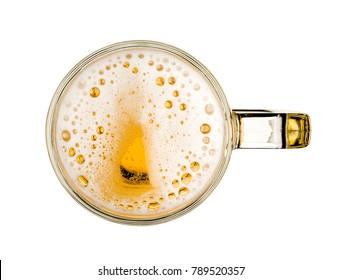 Mug Of Beer With Bubble Foam On Glass Isolated On White Background Celebration Object Design Top View