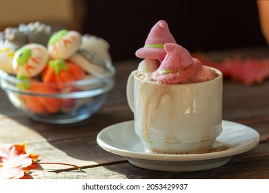 A Mug Of Coffee, Cocoa With Marshmallows . Serving Dessert For Halloween. Festive Concept