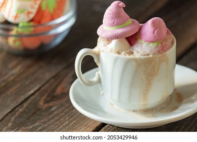 A Mug Of Coffee, Cocoa With Marshmallows . Serving Dessert For Halloween. Festive Concept