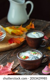 A Mug Of Coffee, Cocoa With Marshmallows . Serving Dessert For Halloween. Festive Concept