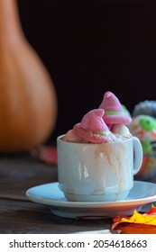 A Mug Of Coffee, Cocoa With Marshmallows . Serving Dessert For Halloween. Festive Concept