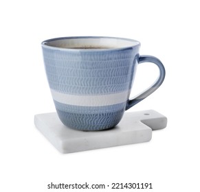 Mug Of Coffee And Stylish Stone Cup Coaster Isolated On White