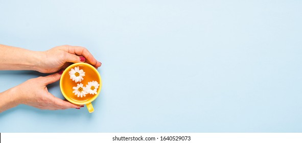 A Mug Of Floral Herbal Chamomile Tea In A Woman's Hand On A Blue Background With Flowers. Floral Summer Background.