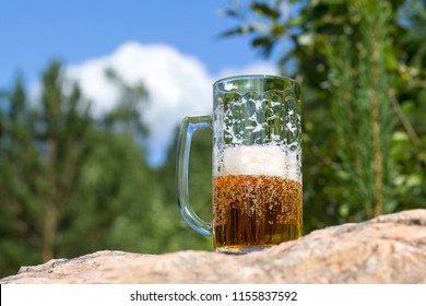 Mug of fresh beer stands on a rock in the woods against the blue sky