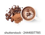 Mug of hot chocolate drink and cocoa powder with cacao beans, cocoa nibs isolated on white background. Top view. Flat lay.