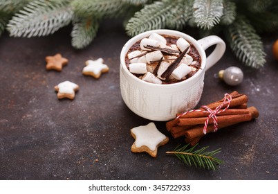 Mug Of Hot Chocolate With Marshmallows And Cookies. Shallow DOF