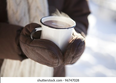 Mug Of Hot Chocolate Outdoors On A Winter Day