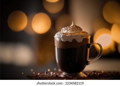 A mug of hot chocolate sits steaming on a cozy winter table, topped with whipped cream and a sprinkle of cocoa power. Beautiful fairy light bokeh in the background. - Powered by Shutterstock