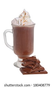 Mug Of Hot Cocoa With Whipped Cream And Chocolate Cutout, Isolated On White Background