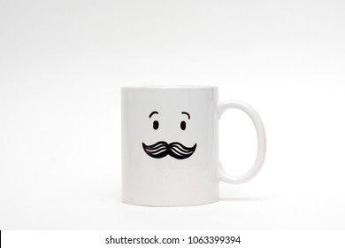 Mug With A Mustache, Isolated On White.