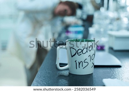 Mug On Table In Laboratory Full Of Zombies