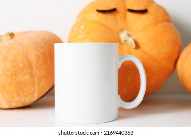 Mug With Pumpkins Fall Mockup White Coffee Cup Mock Up. Blank Mug Printing Design Template. Autumn, Halloween And Thanksgiving Concept
