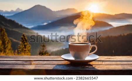 A mug of steamy morning coffee resting on a wooden table with a backdrop of a mountain sunrise scene