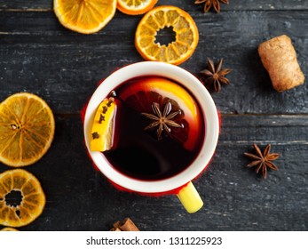 Mug Of Warm Mulled Wine From Red Wine With Spices And Citrus