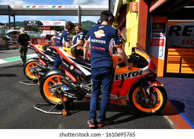 Mugello - Italy, 31 May 2019: Honda RC213v Of Repsol Honda Team Of Rider Marc Marquez In The Pitlane During The Italian GP In 2019 In Italy