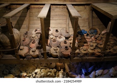 MUGLA, TURKEY - APRIL 15, 2022: Reconstructed Ancient Shipwreck In Museum Of Underwater Archaeology