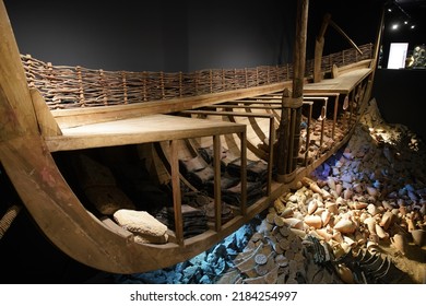 MUGLA, TURKEY - APRIL 15, 2022: Reconstructed Ancient Shipwreck In Museum Of Underwater Archaeology