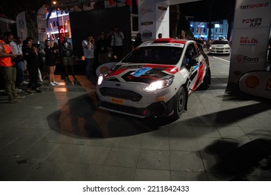 MUGLA, TURKEY - APRIL 15, 2022: Serhan Turkkan With Ford Fiesta Rally3 Of Castrol Ford Team Turkiye In Ceremonical Start Of Bodrum Rally