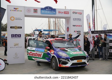 MUGLA, TURKEY - APRIL 17, 2022: Efehan Yazici With Ford Fiesta Rally4 Of Castrol Ford Team Turkiye In Finish Podium Of Bodrum Rally