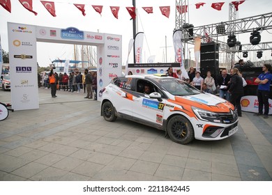 MUGLA, TURKEY - APRIL 17, 2022: Sinan Soylu With Renault Clio Rally5 Of Renault Clio Trophy Turkiye In Finish Podium Of Bodrum Rally