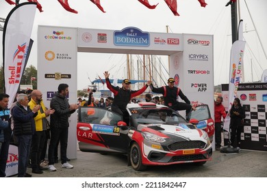 MUGLA, TURKEY - APRIL 17, 2022: Erol Akbas With Ford Fiesta Rally3 Of Castrol Ford Team Turkiye In Finish Podium Of Bodrum Rally