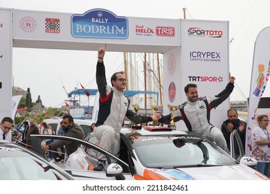 MUGLA, TURKEY - APRIL 17, 2022: Can Altinok With Renault Clio Rally5 Of Renault Clio Trophy Turkiye In Finish Podium Of Bodrum Rally