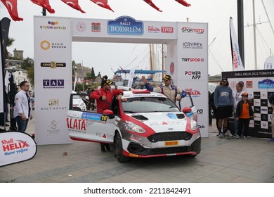 MUGLA, TURKEY - APRIL 17, 2022: And Sunman With Ford Fiesta Rally3 Of Castrol Ford Team Turkiye In Finish Podium Of Bodrum Rally