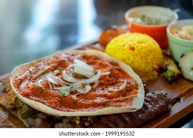 Muhammara On Lebanese Shish Taouk Chicken And Mutton Kabob Platter, Lebanese Mixed Grill Plate And Yellow Rice