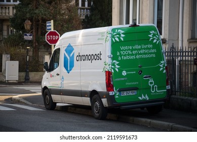 Muhuse - France - 7 February 2022 - Rear View Of Chronopost Delivery Truck Parked In The Street 