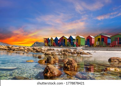 Muizenberg beach huts wooden cabins at twilight in Cape Town South Africa - Shutterstock ID 1778878421