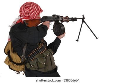 Mujahid  With  Machine Gun Isolated On White