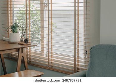 Muji decorated style house, wood color, Wooden window corner and dining table - Powered by Shutterstock