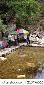 Mukteshwar, Uttarkhand,India- June 5 2022 : Close Up Shot Of The Open Restaurants Near Robbers Cave Waterfall In Dehradun, India With Selective Focus. Cafes In Outdoors With No People In Mukteshwar.