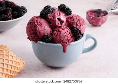 Mulberry ice cream from fresh or frozen mulberries. Homemade creamy healthy breakfast. Vegan food concept. High quality photo