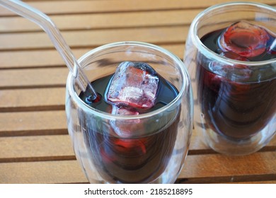 Mulberry Juice In Glass Cups. Healthy Cold Drink In Hot Summer Days.