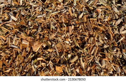 mulch bark. pieces of wood chips to prevent weed growth and weed germination. branch crusher, cleaning of shrubs and invasive species.  grow under the high voltage wire, by the pond, reclamation - Shutterstock ID 2130678050