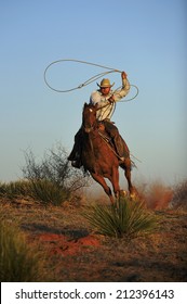 Muleshoe, Texas, USA, - March. 28. 2012: Cowboy chasing cow with rope