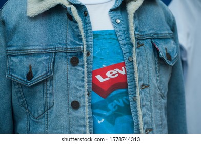 Mulhouse - France - 1 December 2019 - Closeup Of Blue Jeans Jacket By Levis In The Famous Chain Of Fashion Store