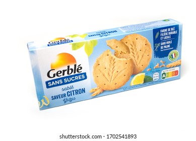 Mulhouse - France - 13 April 2020 - Closeup Of Biscuit Aromatised With Lemon By Gerble In A Cardboard Packaging On White Background