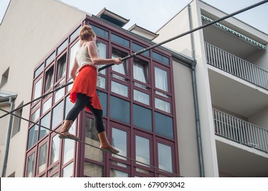 MULHOUSE - France - 15 July 2017 - the artist Johanne Humblet tightrope walker performance during four hours in Mulhouse
