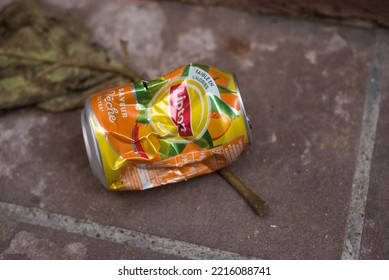 Mulhouse - France - 16 October 2022 - Closeup Of Empty Lipton Iced Tea Can Abandoned In The Street 