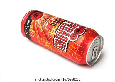 Mulhouse - France - 17 March 2020 - Closeup of Desperados beer can on white background, desperados is the famous brand of mexican beer with tequila