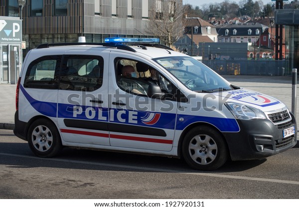 Mulhouse - France - 2 March\
2021 - View of french police car intervention with siren in the\
street 