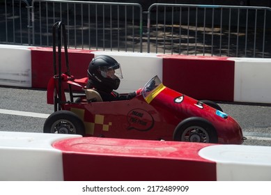 Mulhouse - France - 26 June 2022 - Profile View Of Red Soapbox Car Parked In The Street After The Race 